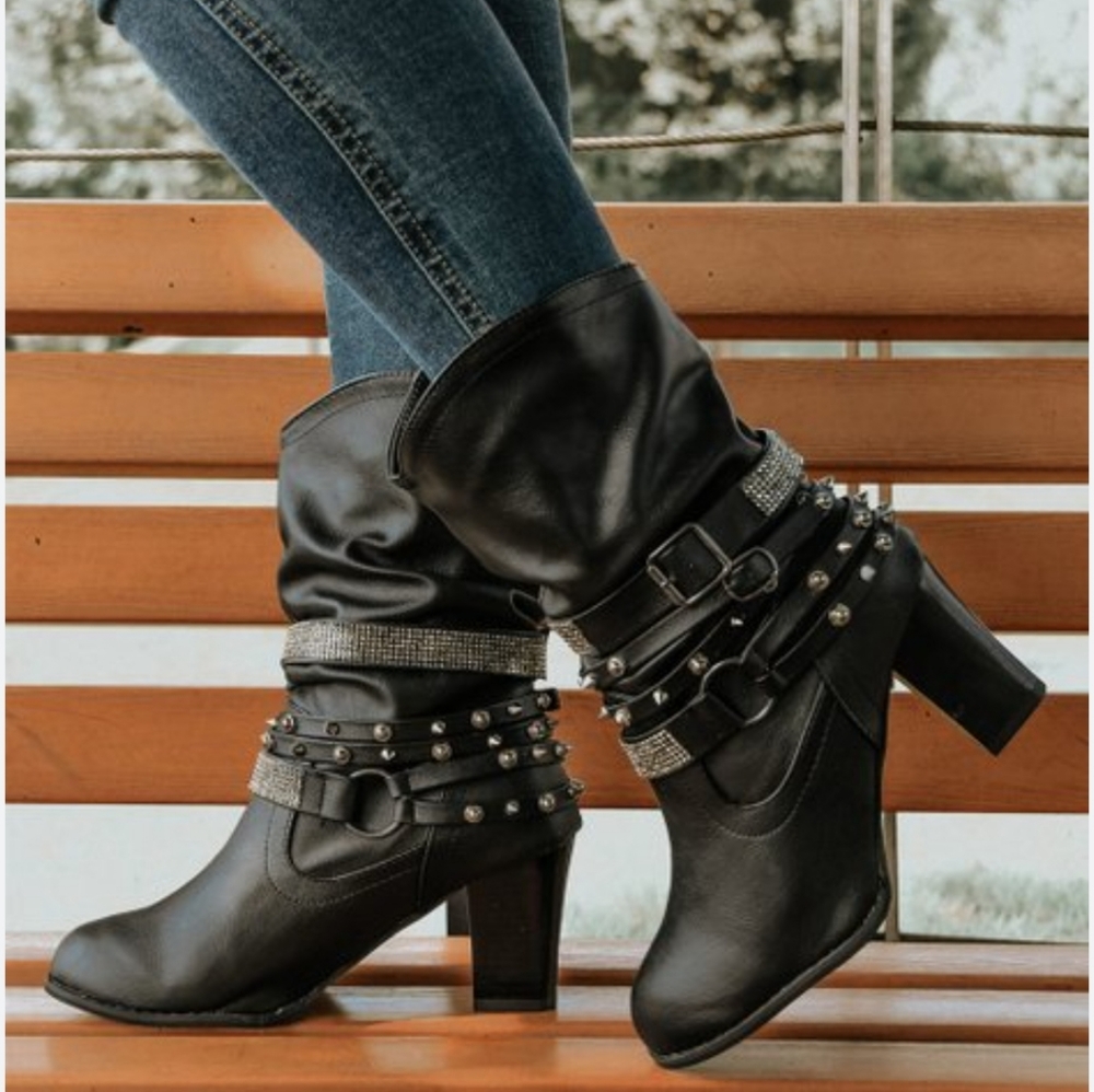 Womens Faux Leather Slouchy Rhinestone Buckle Boots size 43/9